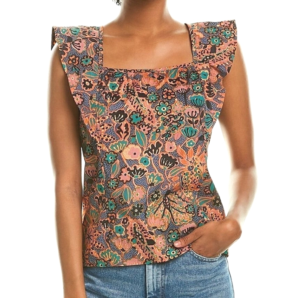 A.L.C. Portia Floral Print Ruffled Top Sleeveless Boatneck Blouse Boho Prairie 4